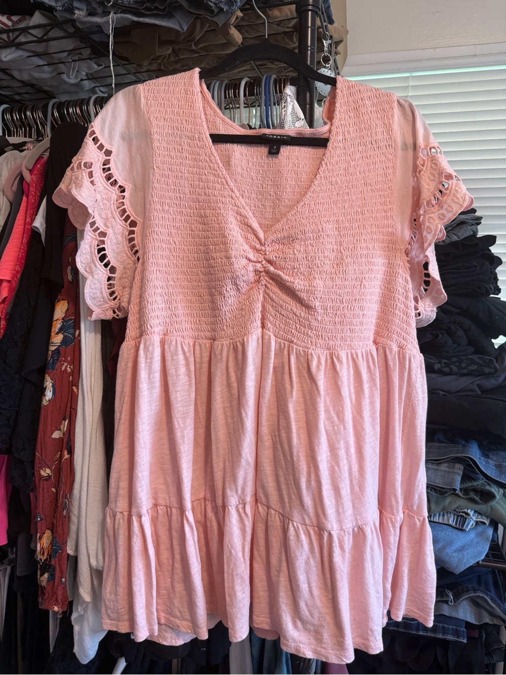 torrid Pink Smocked V-Neck Tunic with Lace Flutter Sleeves